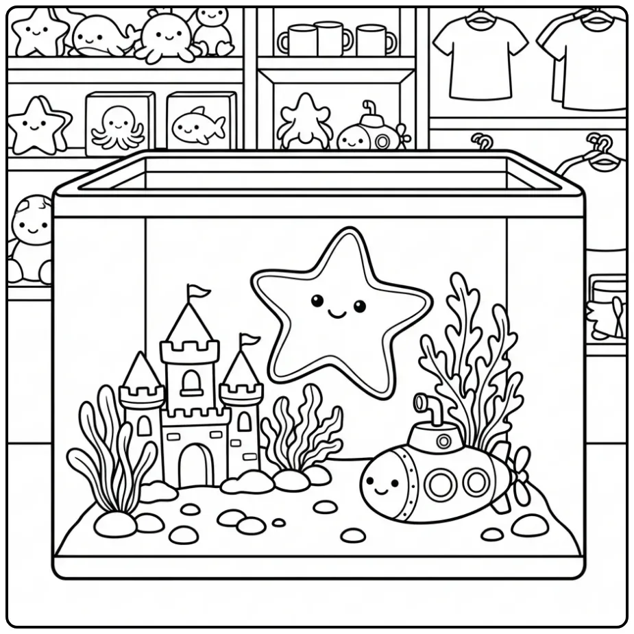 Zeester kleurplaat met een duikboot en waterplanten.