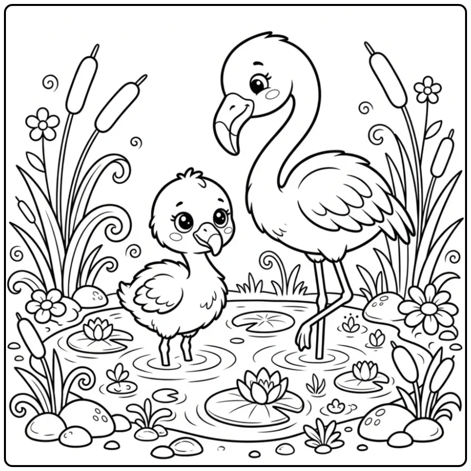 Schattige baby flamingo kleurplaat in een vijver met moeder.