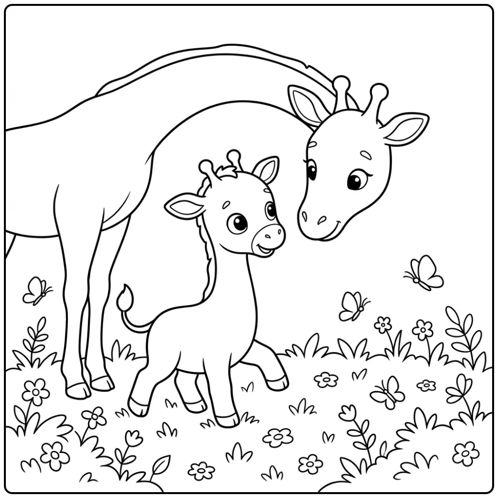 Een schattige baby giraf kleurplaat die eerste stapjes zet.