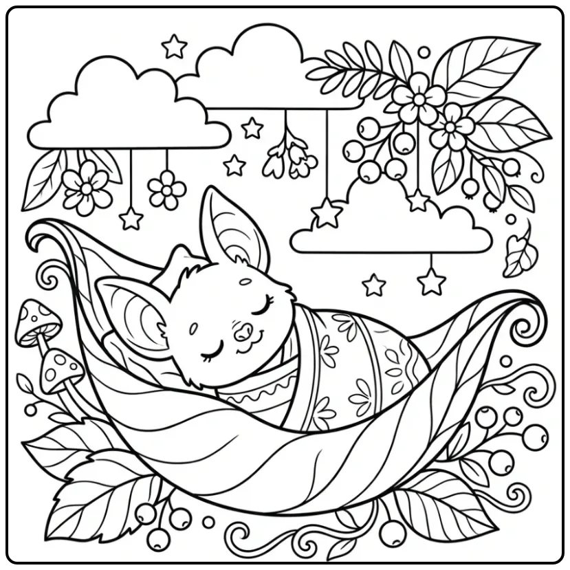 Kleurplaat vleermuis schattig slapend in een bladerwieg.