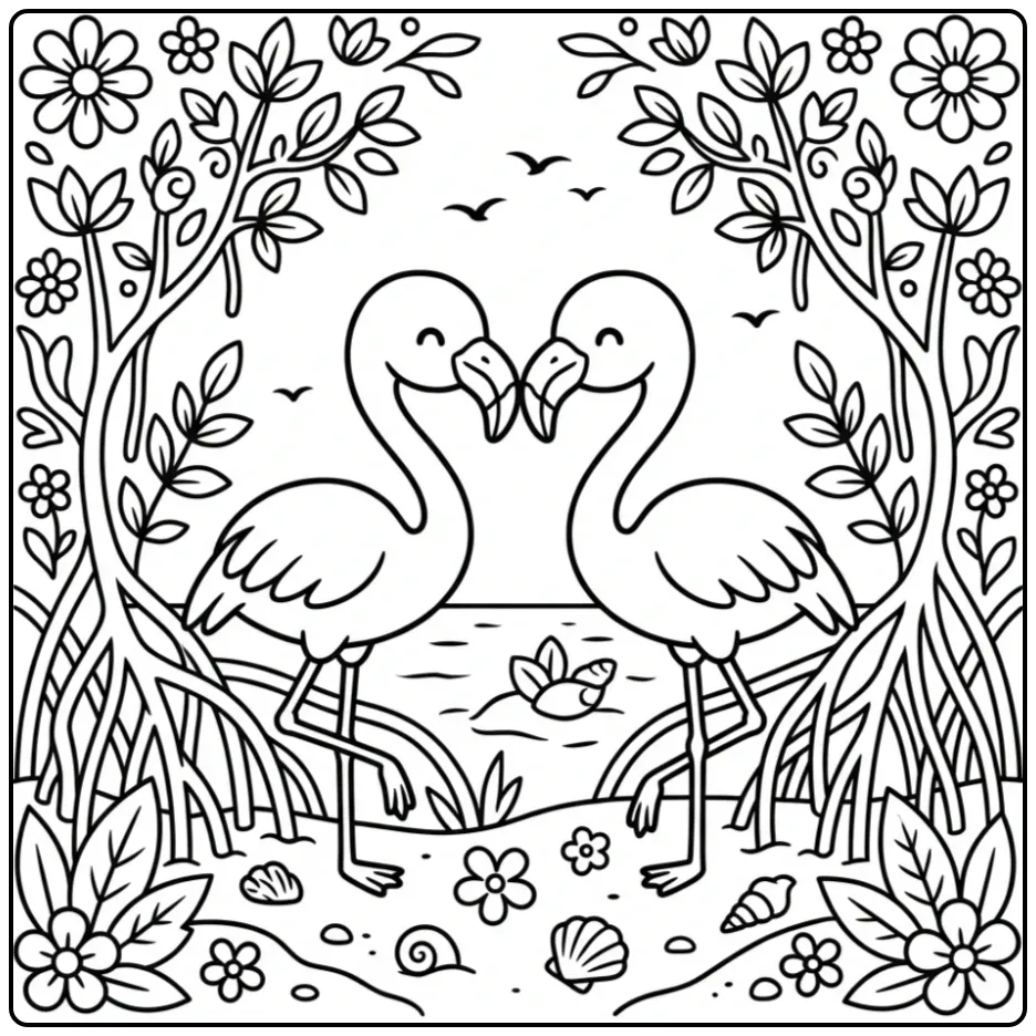 Een schattige flamingo kleurplaat met twee vogels in de mangrove.