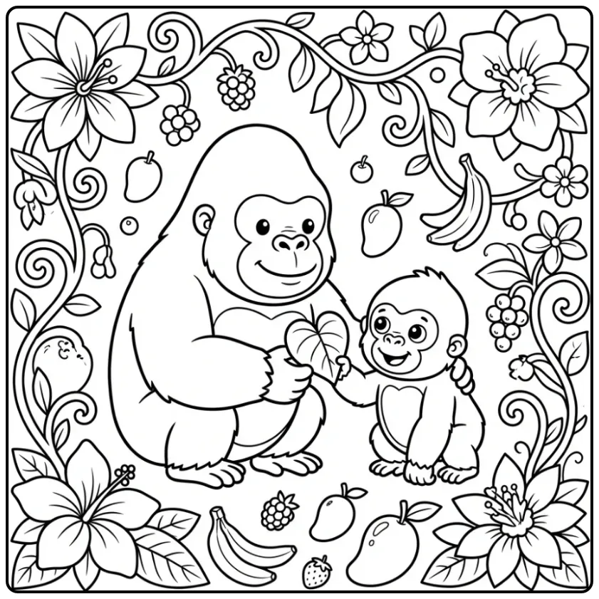 Gorilla kleurplaat met een moeder en lachende baby gorilla.