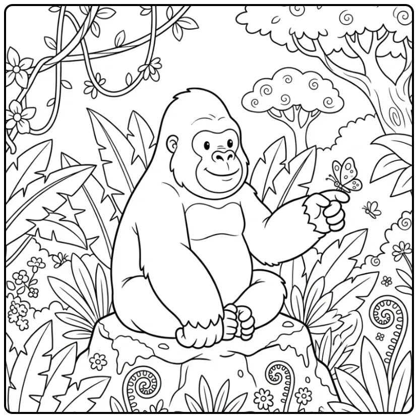 Gorilla kleurplaat van een zilverrug met vlinder in de jungle.
