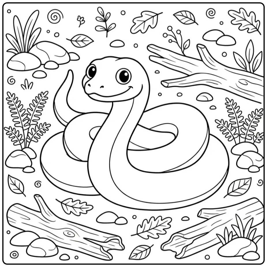 Een schattige kleurplaat anaconda opgerold op de oever.