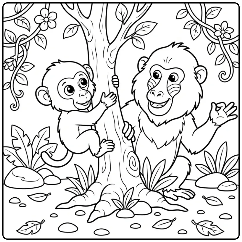 Een schattige kleurplaat baviaan die leert klimmen met mama.
