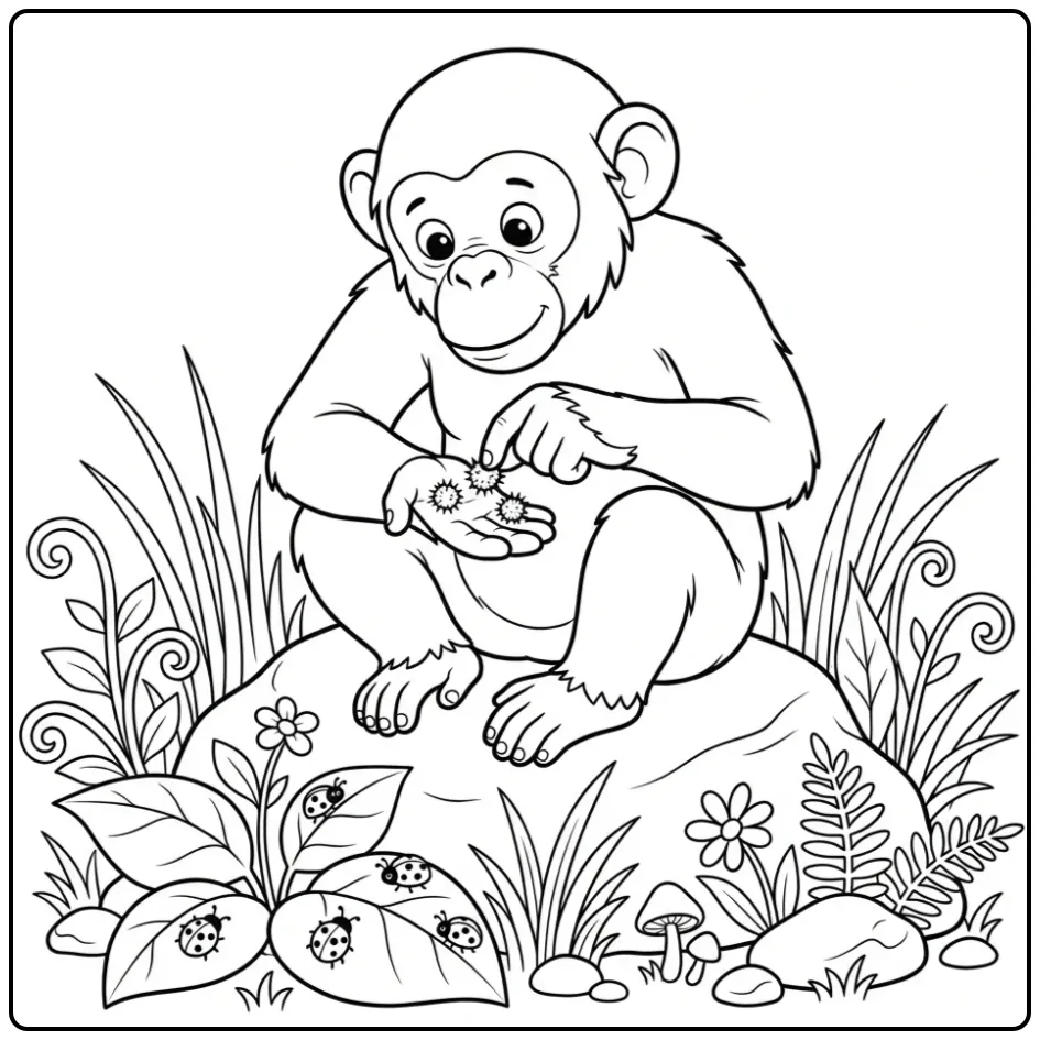 Schattige kleurplaat chimpansee tussen de planten