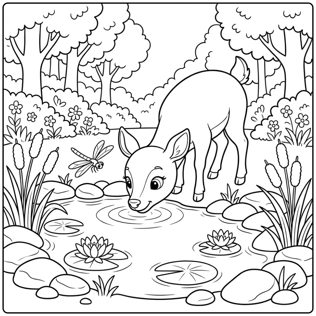 Kleurplaat hert drinkend aan de waterkant met libel