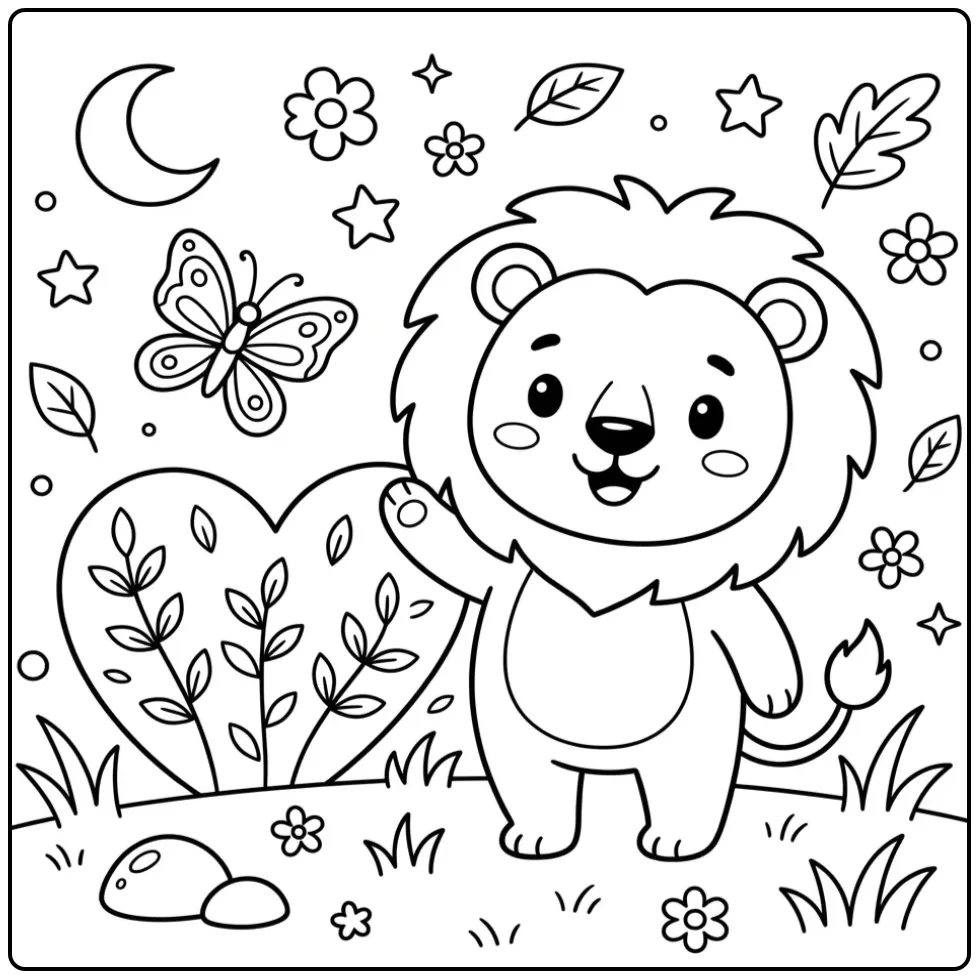 Vrolijke kleurplaat leeuw peuter zwaaiend naar een vlinder.