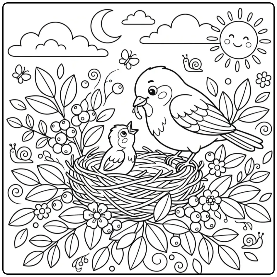 Een schattige kleurplaat mus die haar jong voert in het nest.