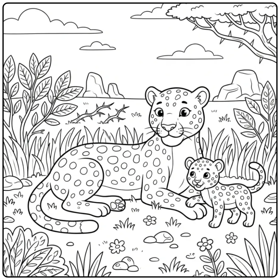 Een schattige kleurplaat panter met haar welp in het gras.