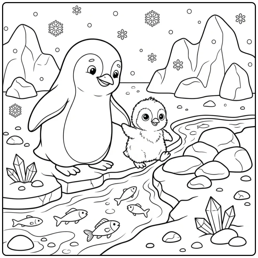 Schattige kleurplaat pinguin ouder en jong op ijspad.