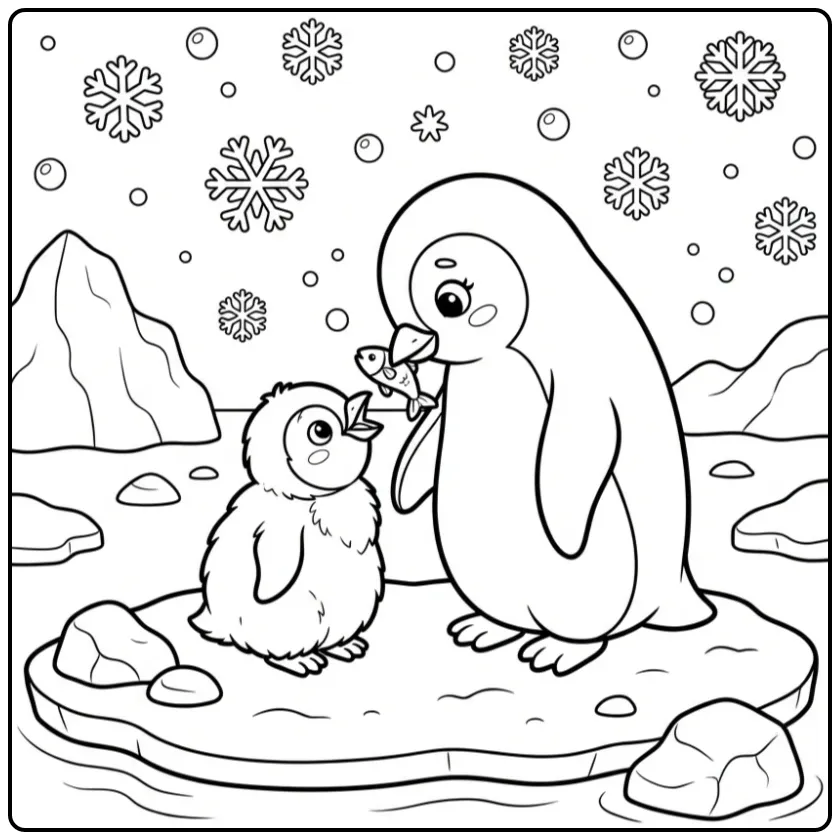 Schattige kleurplaat pinguin voedt kuiken met visje.