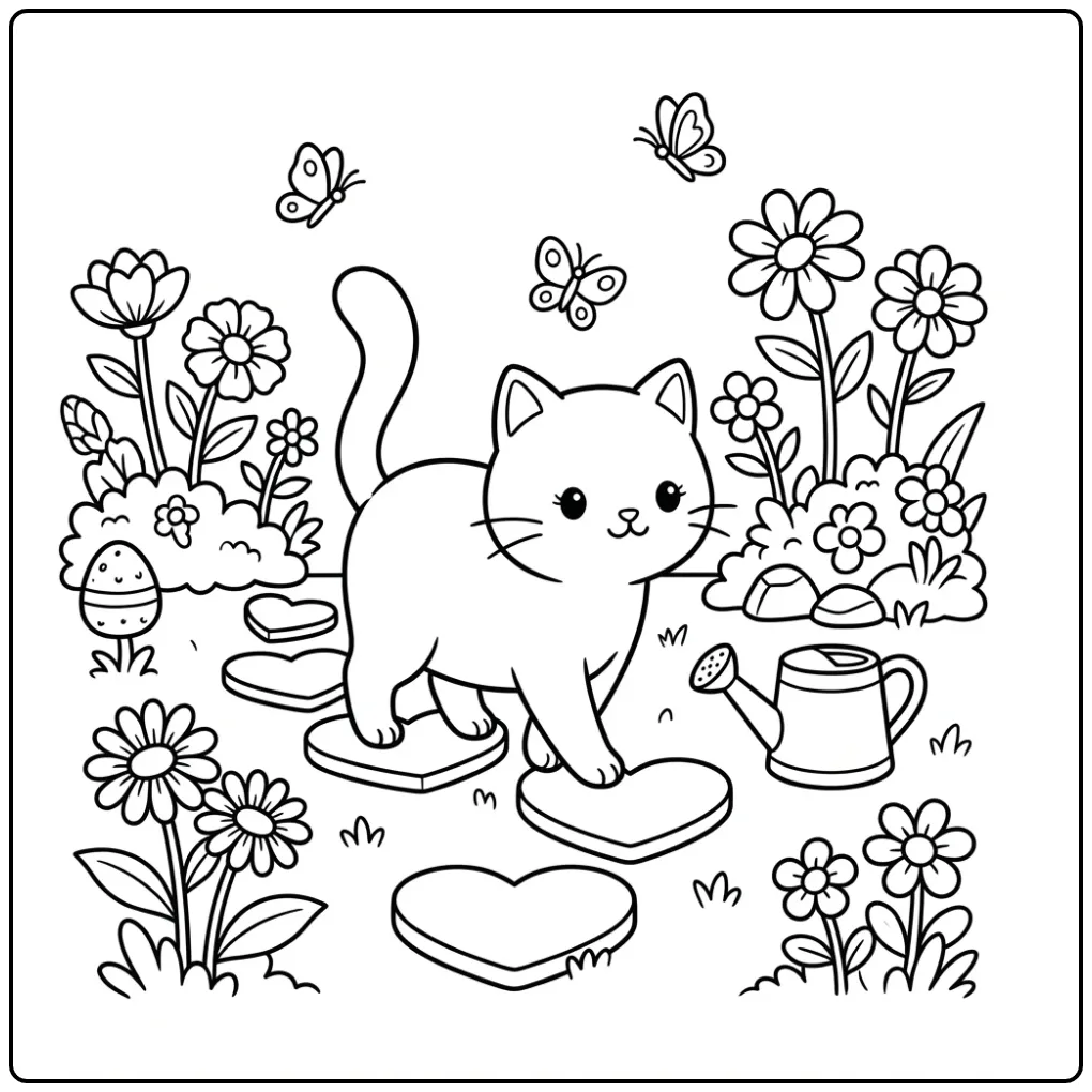 Wandelende kleurplaat poes met hartjes en bloemen.