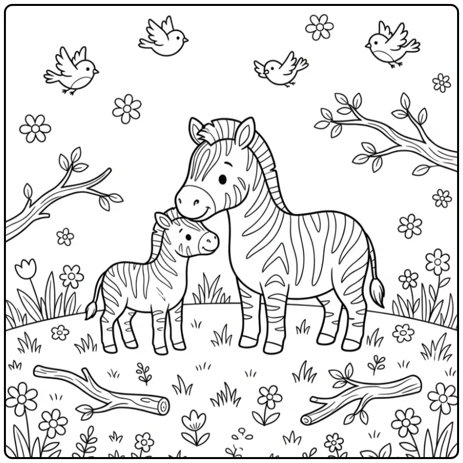 Kleurplaat zebra knuffelt met jong in een wei met bloemen.