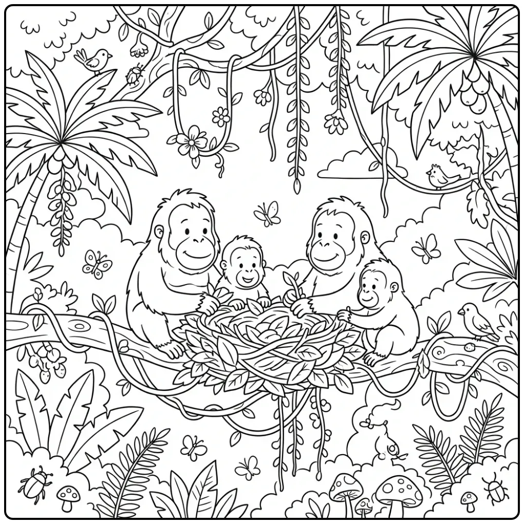 Een schattige orang oetan kleurplaat van een familie in een nest.