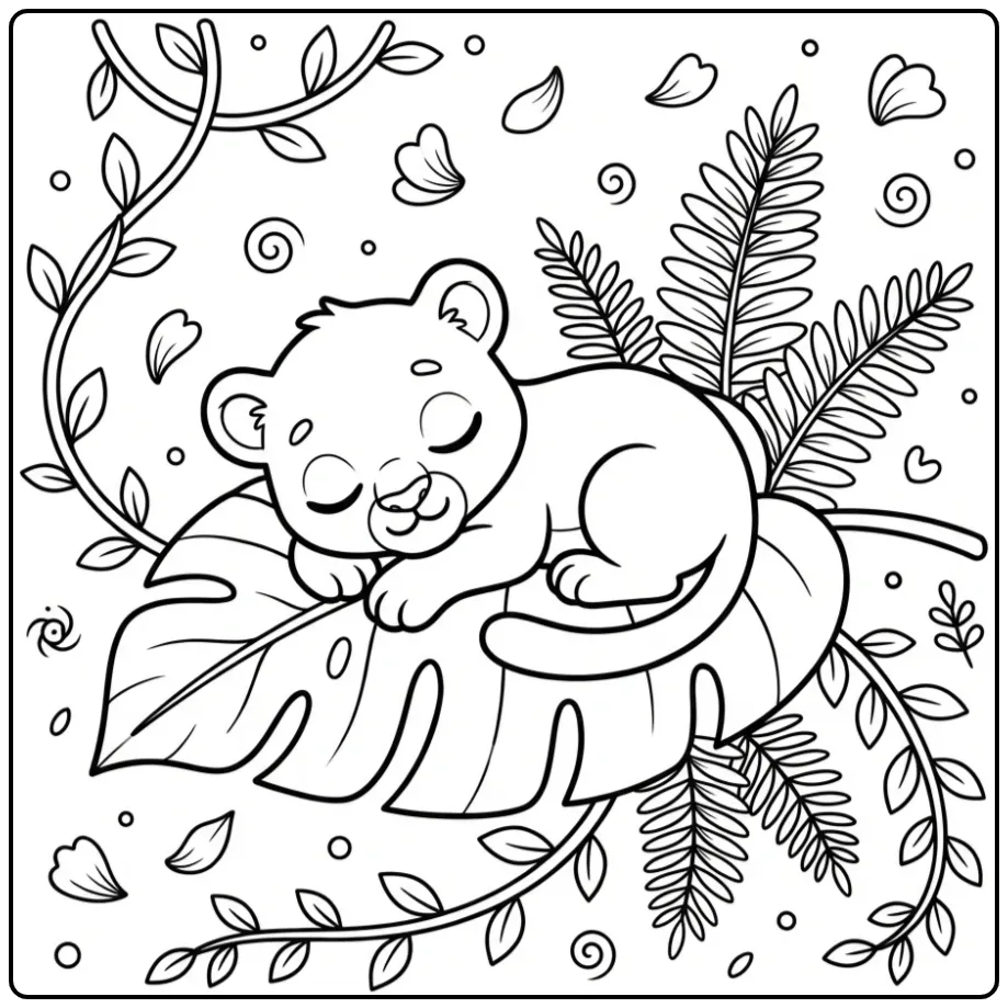 Schattige slapende baby panter kleurplaat met tropisch blad.