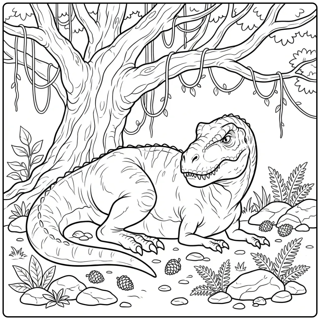 Schattige T rex kleurplaat rustend onder een prehistorische boom