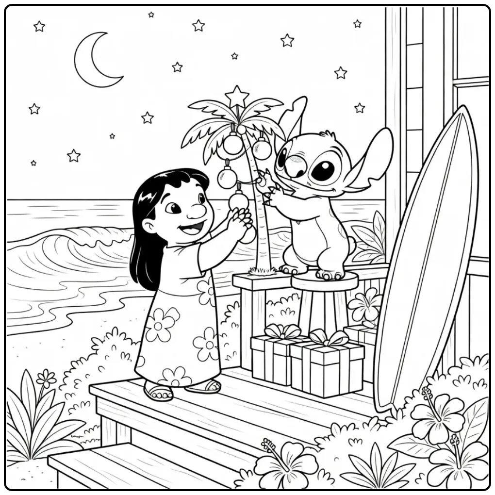 Vrolijke lilo en stitch kerst kleurplaat met een palmboom.