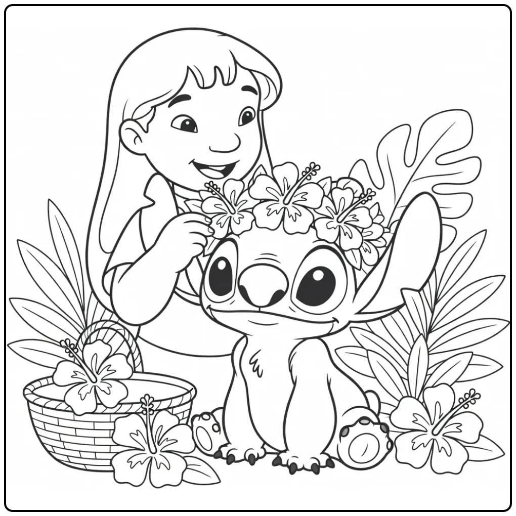 Schattige lilo en stitch kleurplaat met een bloemenkrans.