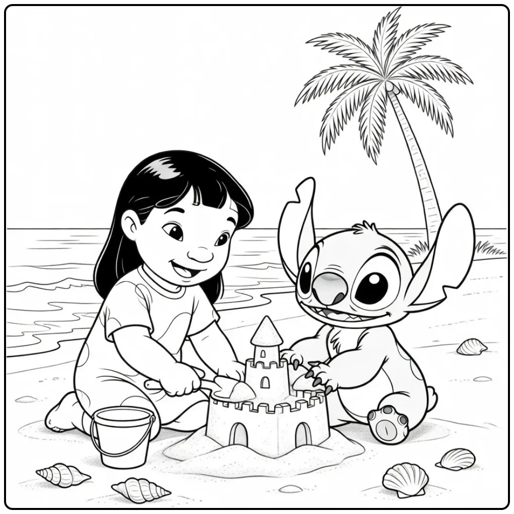 Schattige lilo en stitch kleurplaat bouwen een zandkasteel.