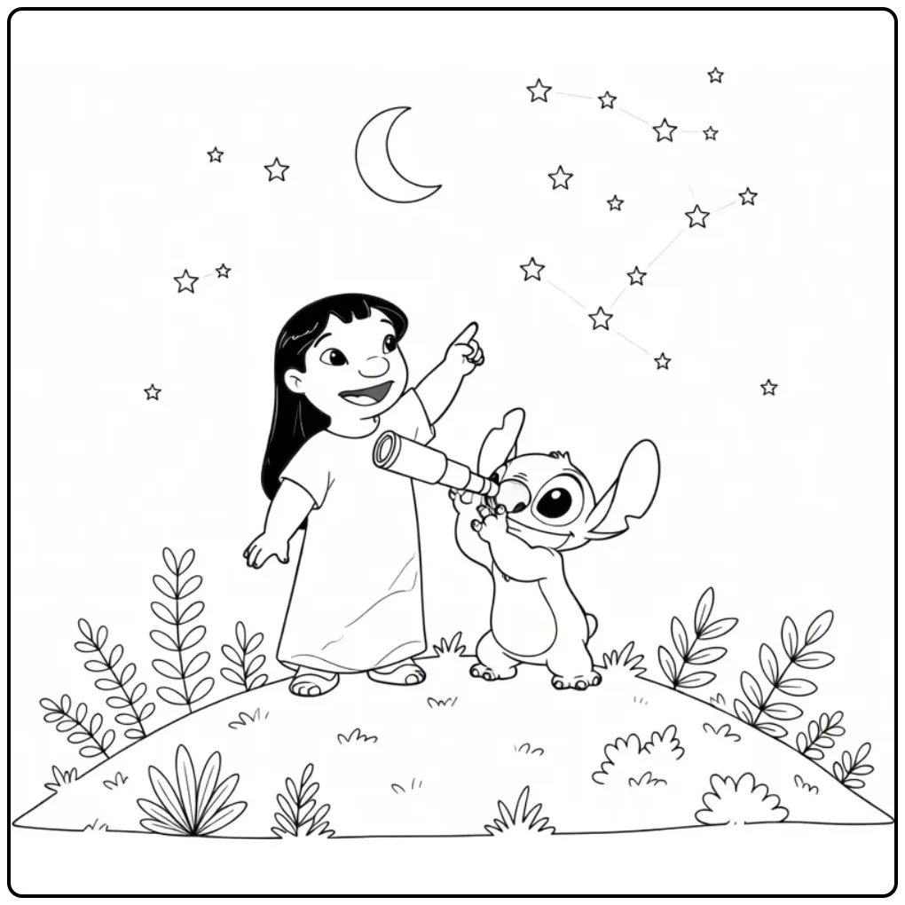 Lilo en Stitch kleurplaat kijkend door een telescoop.