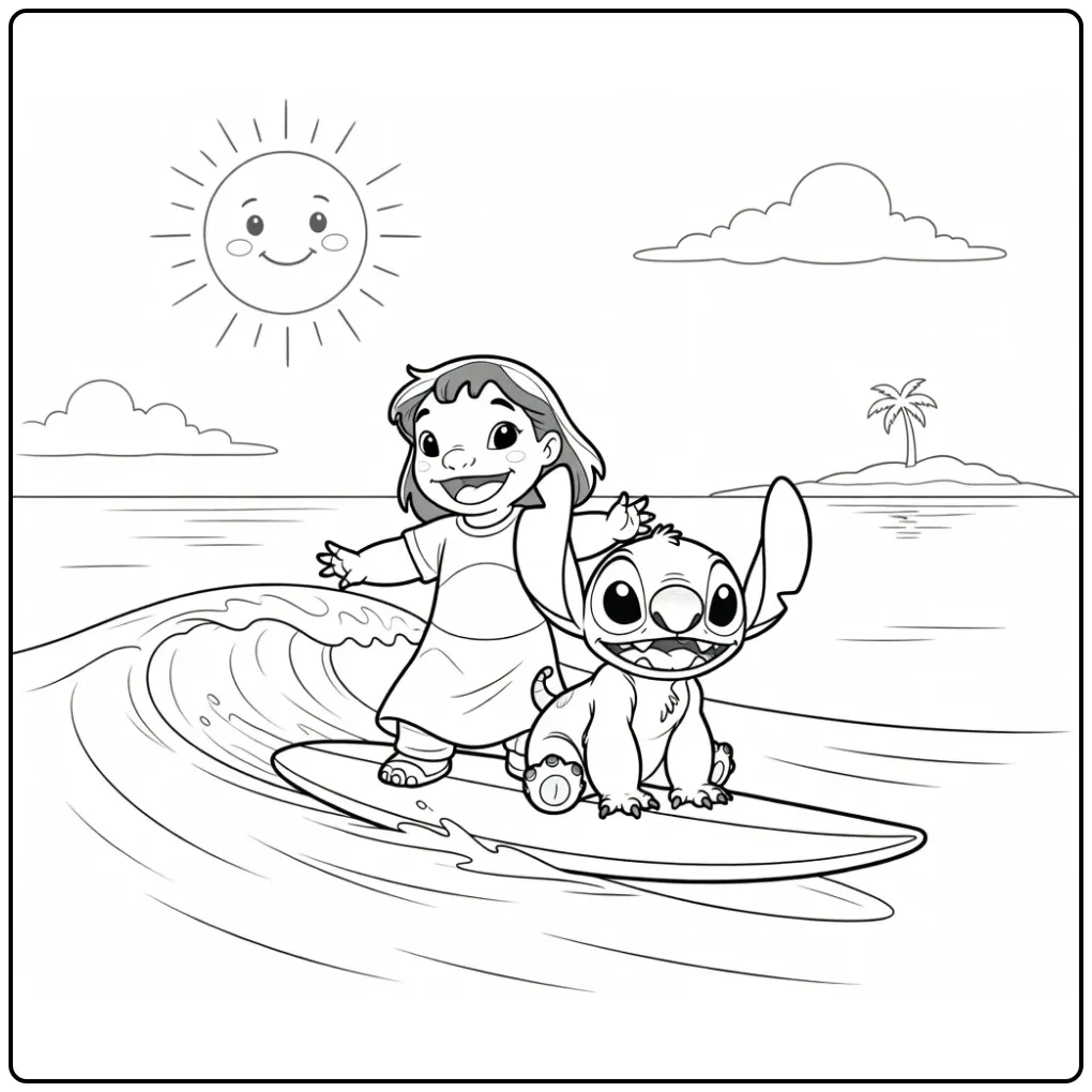 Vrolijke lilo en stitch kleurplaat op een surfboard.