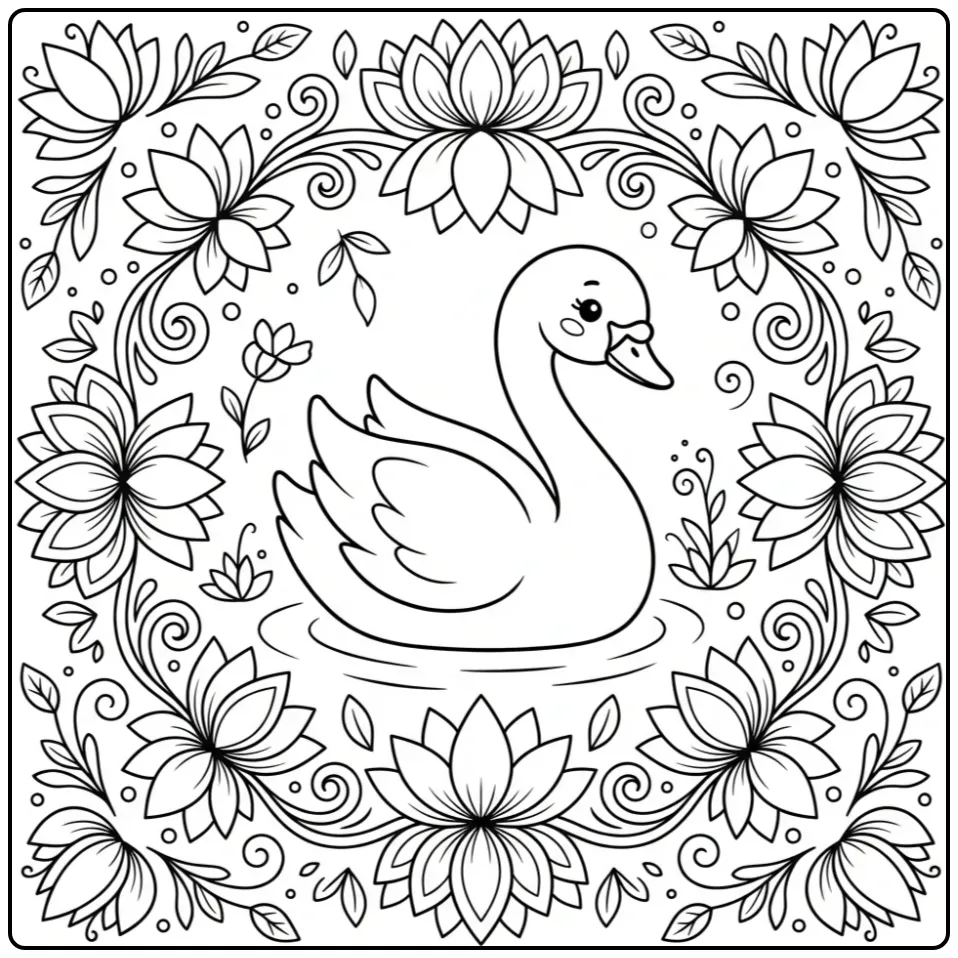 Sierlijke zwaan vogel kleurplaat voor volwassenen met lotus.