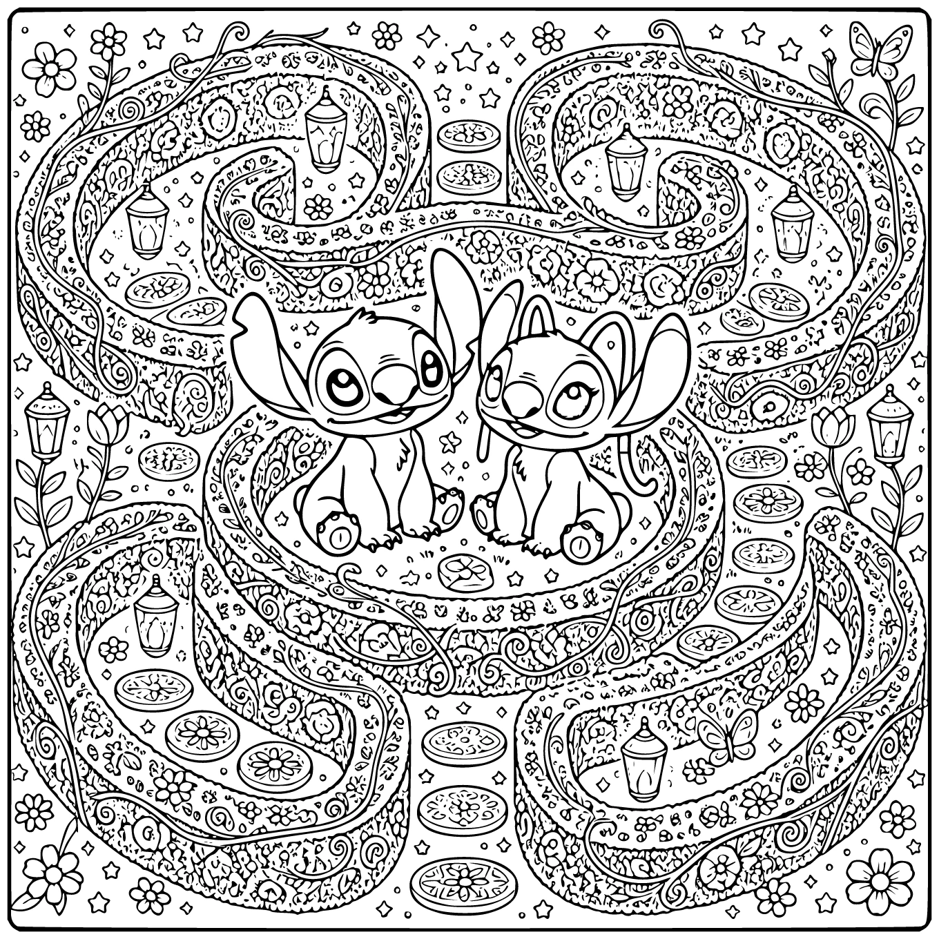 Print deze kleurplaat stitch en angel moeilijk met doolhof