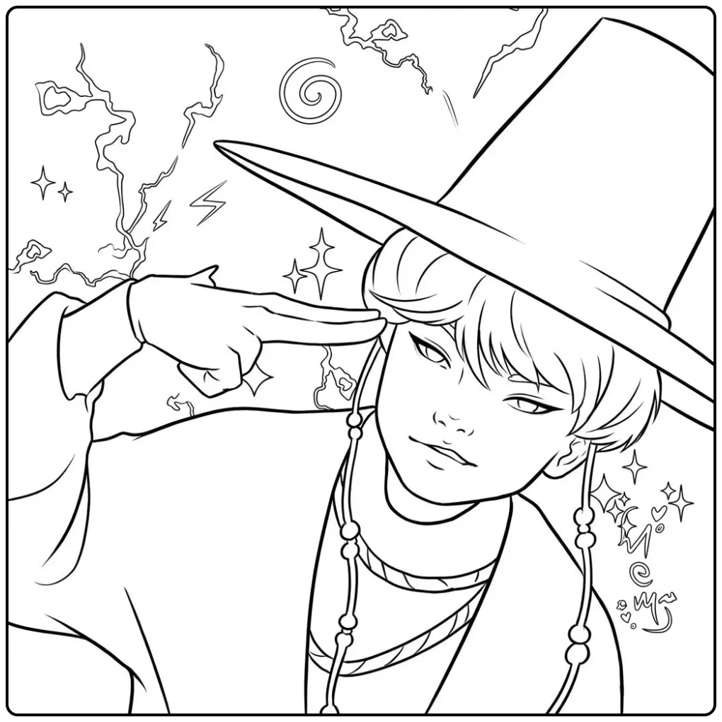 Zwart-wit kleurplaat kpop demon hunters baby saja met hoed.