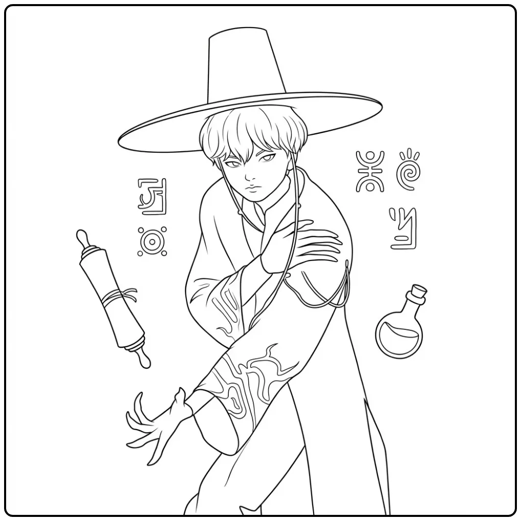 Kleurplaat kpop demon hunters baby saja met magie en hoed.