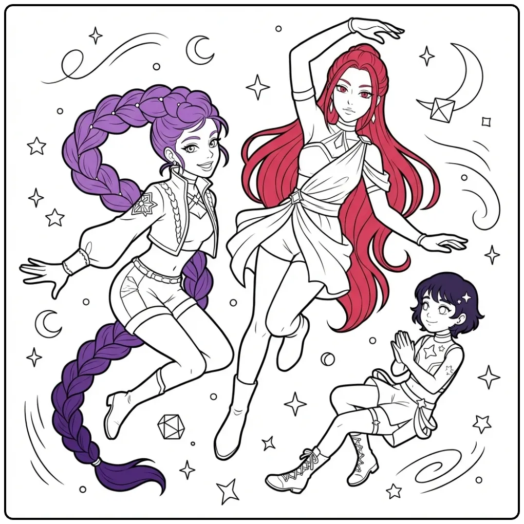 Kleurplaat kpop demon hunters met drie zingende heldinnen.
