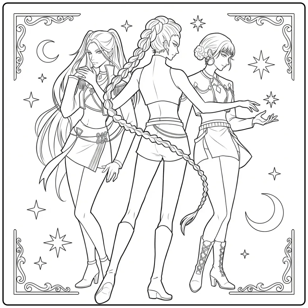 Een kleurplaat kpop demon hunters met drie vrouwen en sterren.
