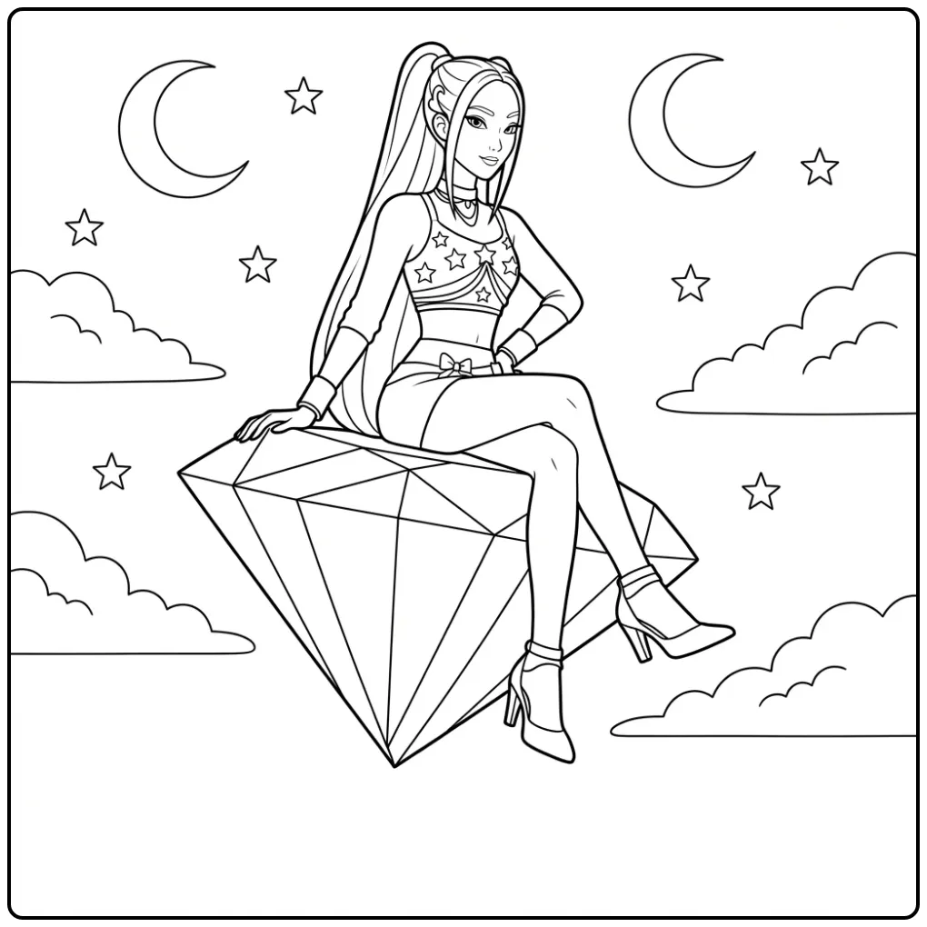 Een kleurplaat kpop demon hunters mira zittend op een diamant.