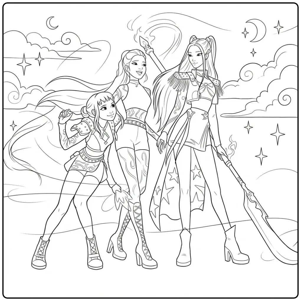 Kleurplaat kpop demon hunters: drie meiden met wapens.