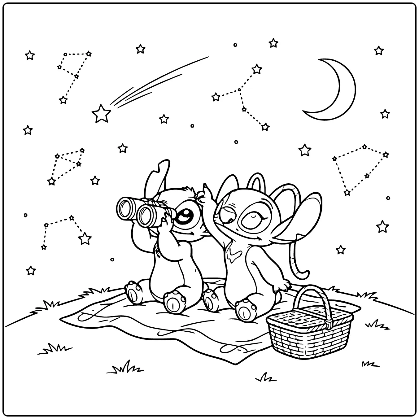 Leuke kleurplaat stitch en angel die samen sterren kijken.