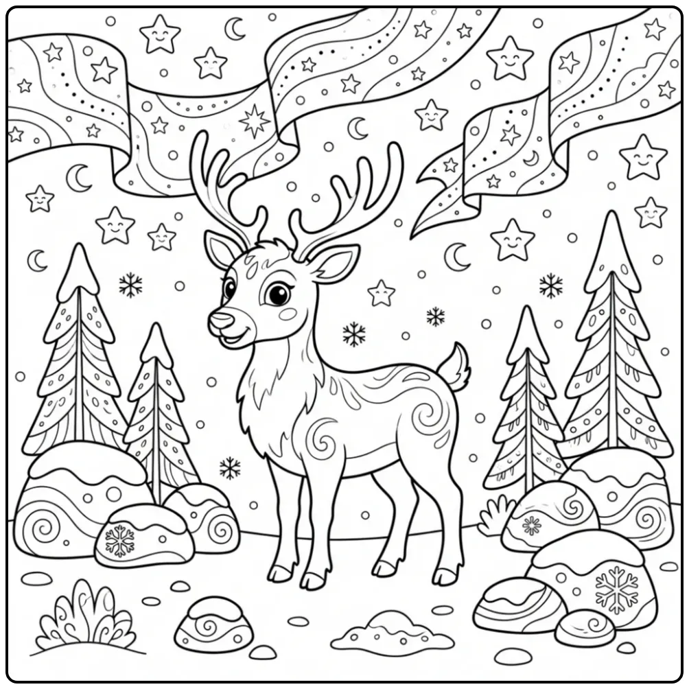 Schattige rendier kleurplaat onder het noorderlicht en sterren