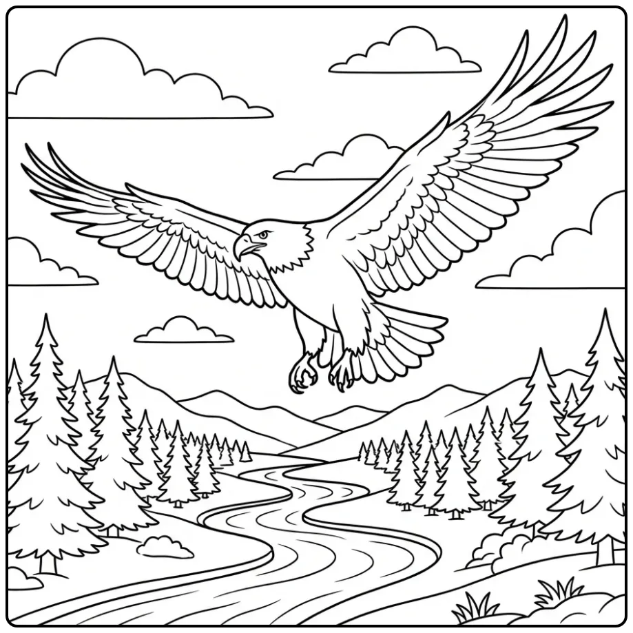 Een kleurplaat adelaar die boven bergen en rivieren vliegt.