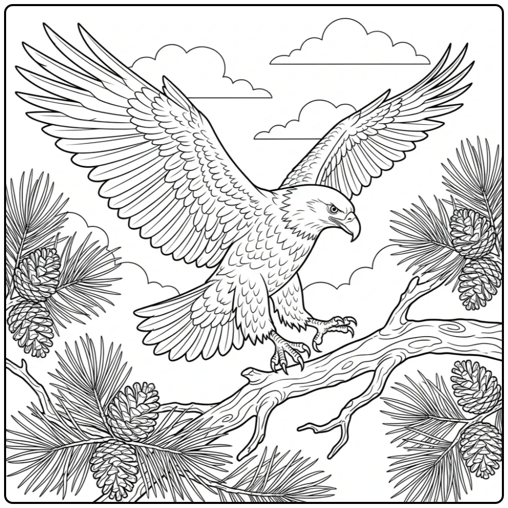 Landende kleurplaat adelaar op een dennentak met vleugels.