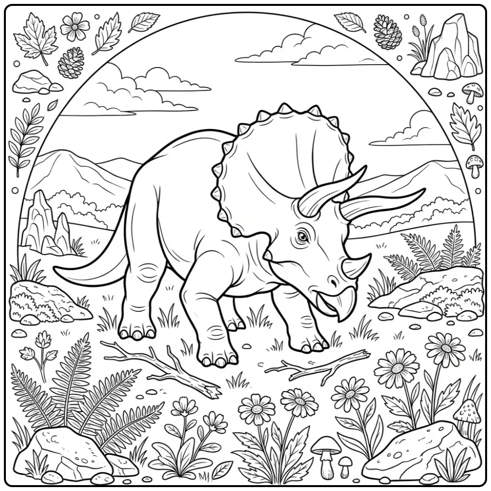 Dino kleurplaat van een verdedigende triceratops met hoorns