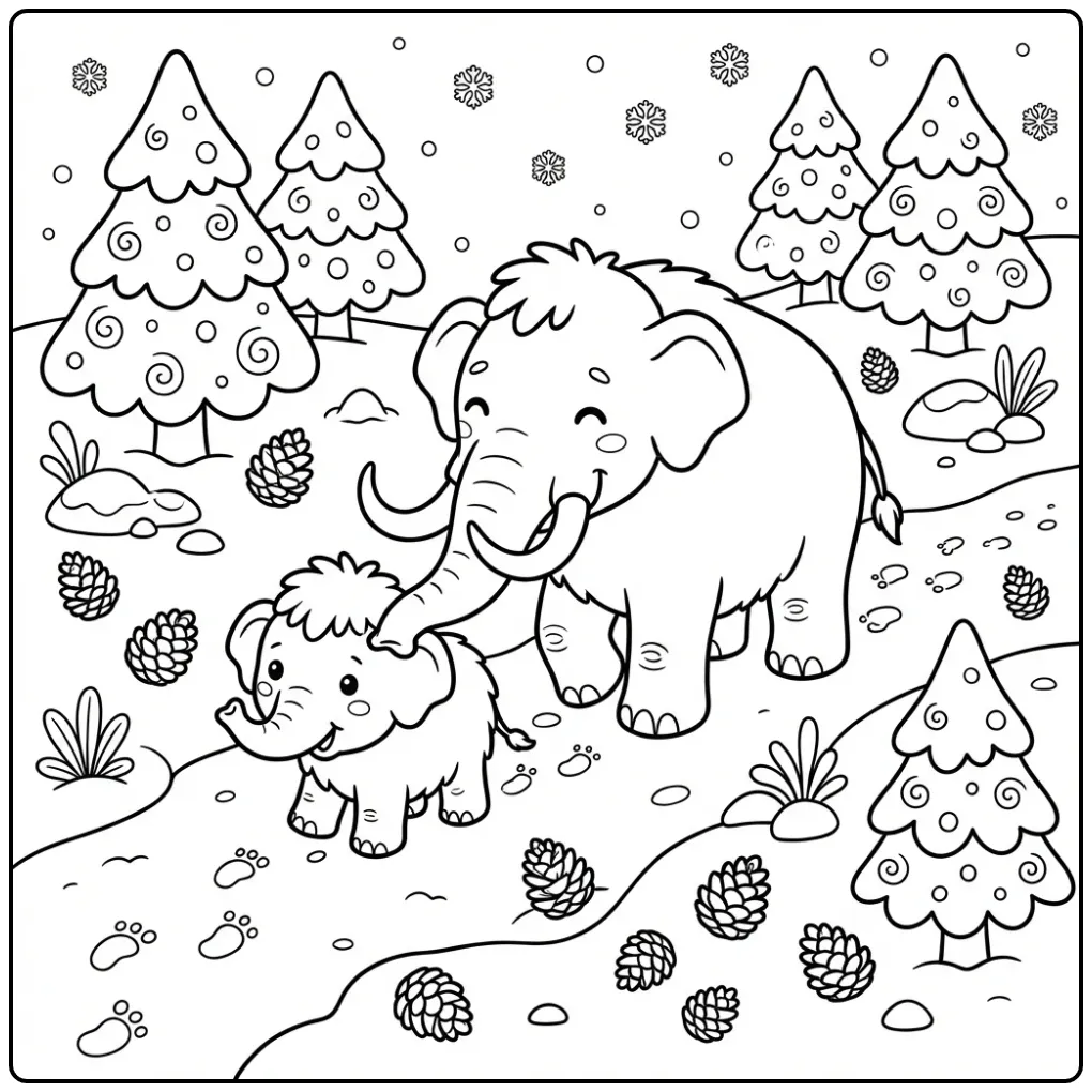 Een schattige mammoet kleurplaat met een baby op de toendra.