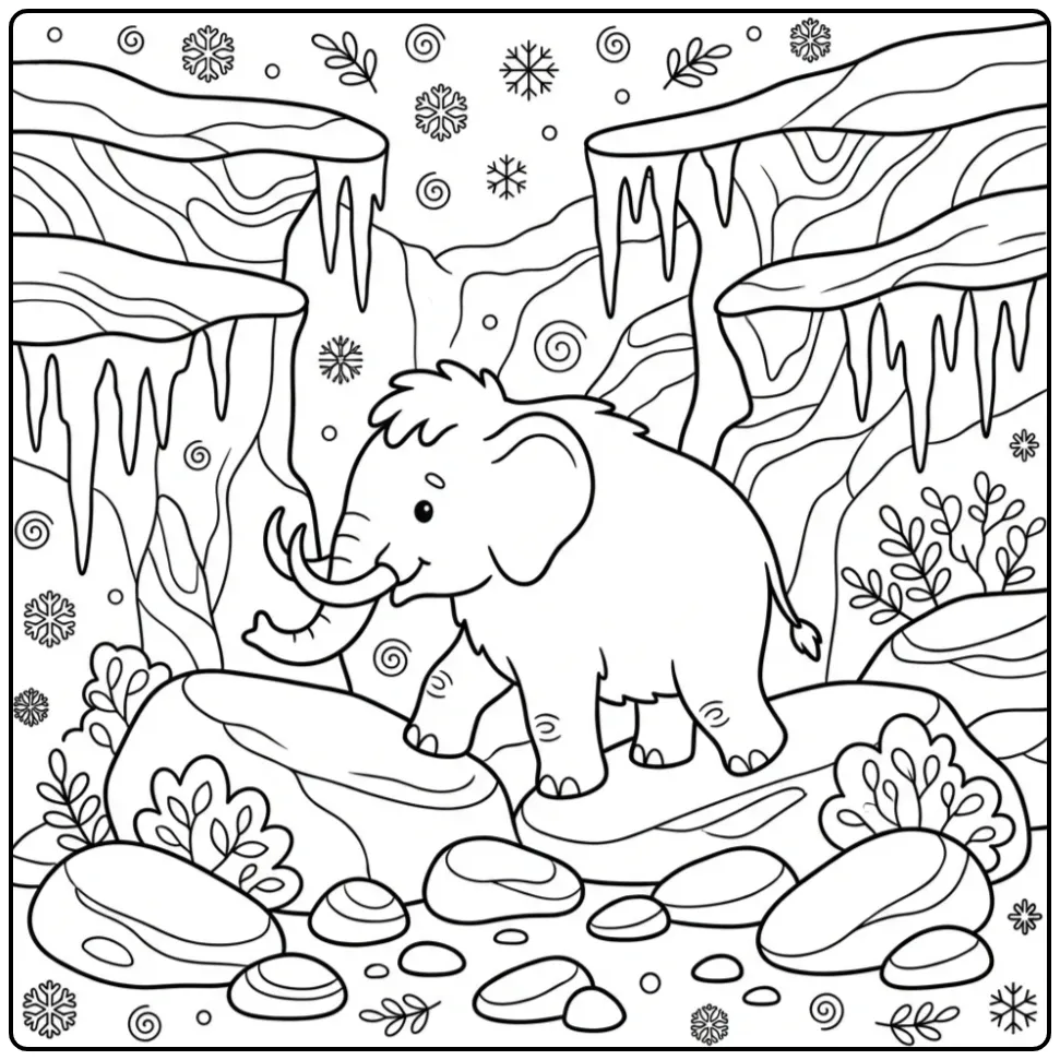 Een schattige mammoet kleurplaat tussen rotsen en stenen.