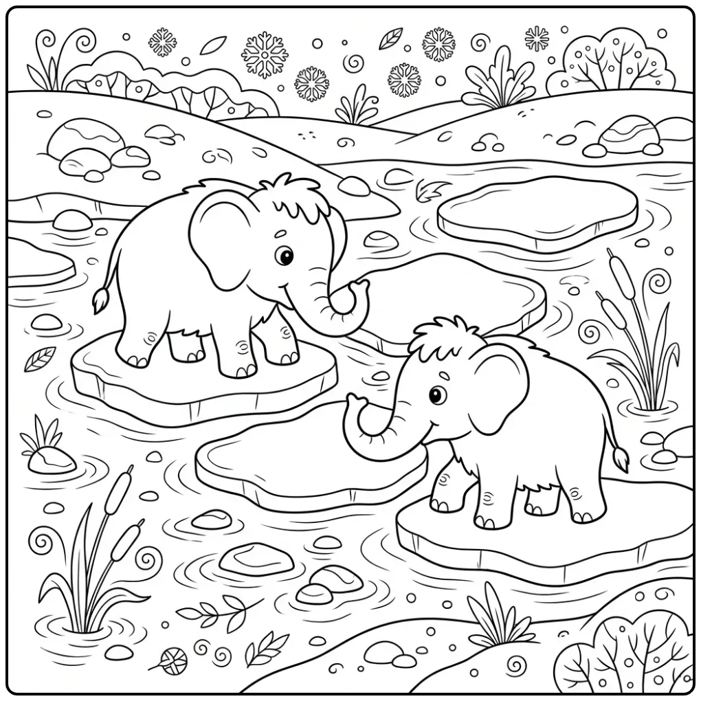 Schattige mammoet kleurplaat op een bevroren rivier.