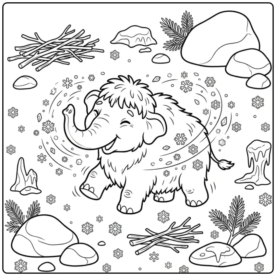 Vrolijke mammoet kleurplaat met rondvliegende sneeuwvlokken.