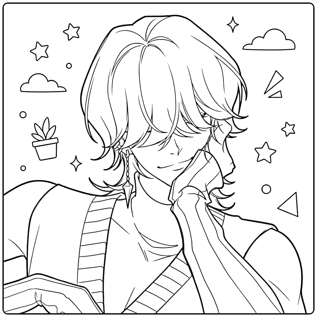 Lijntekening man, kpop demon hunters kleurplaat Mystery, met sterren.