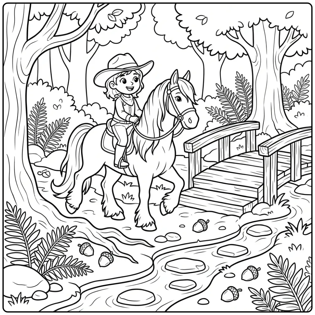 Schattig fries paard kleurplaat paard met ruiter in het bos.