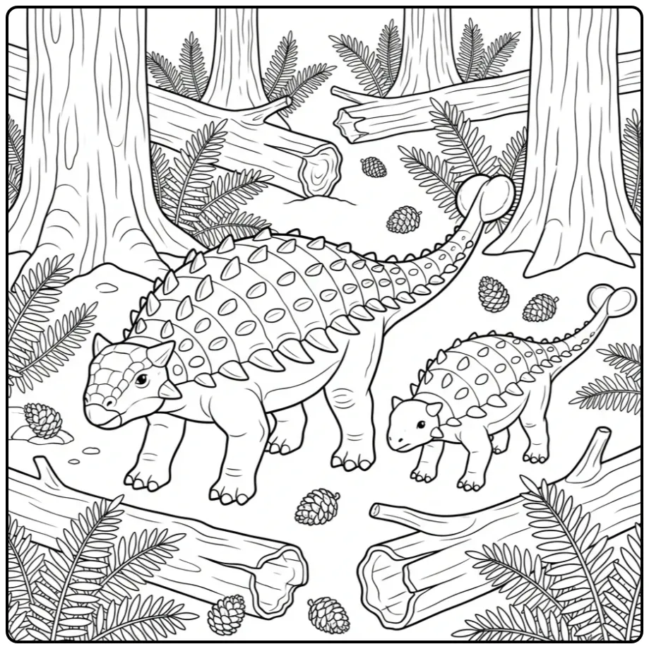 Gedetailleerde ankylosaurus kleurplaat met twee dino's.