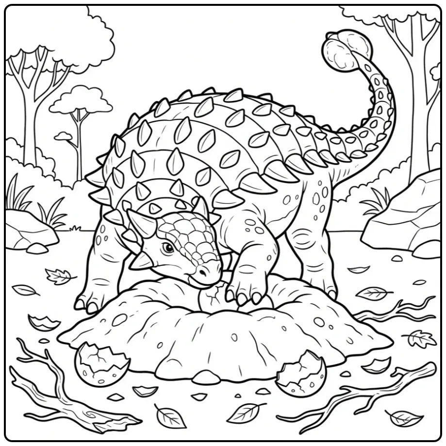 Ankylosaurus kleurplaat bij een nest met bladeren en takken