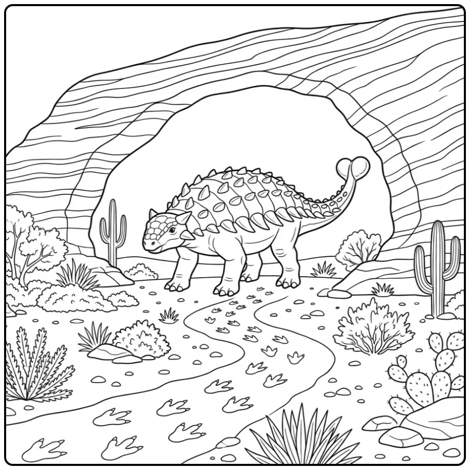 Ankylosaurus kleurplaat bij een stenen boog en planten