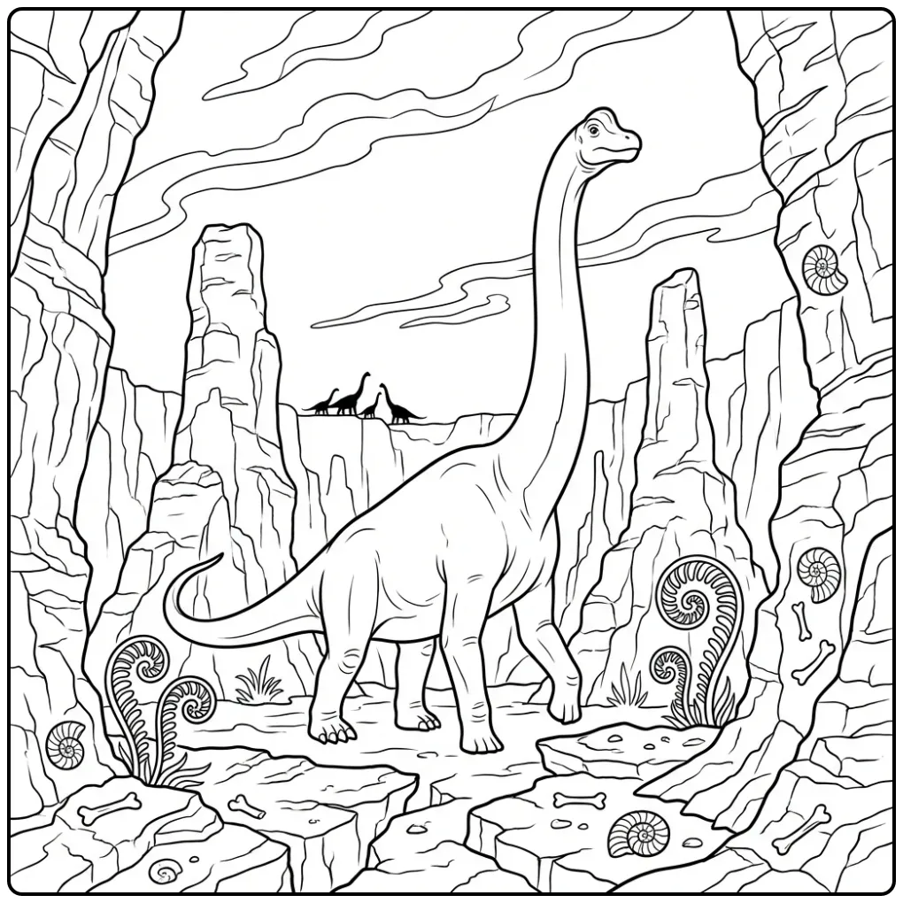 Hoge dino kleurplaat brachiosaurus tussen rotspilaren.