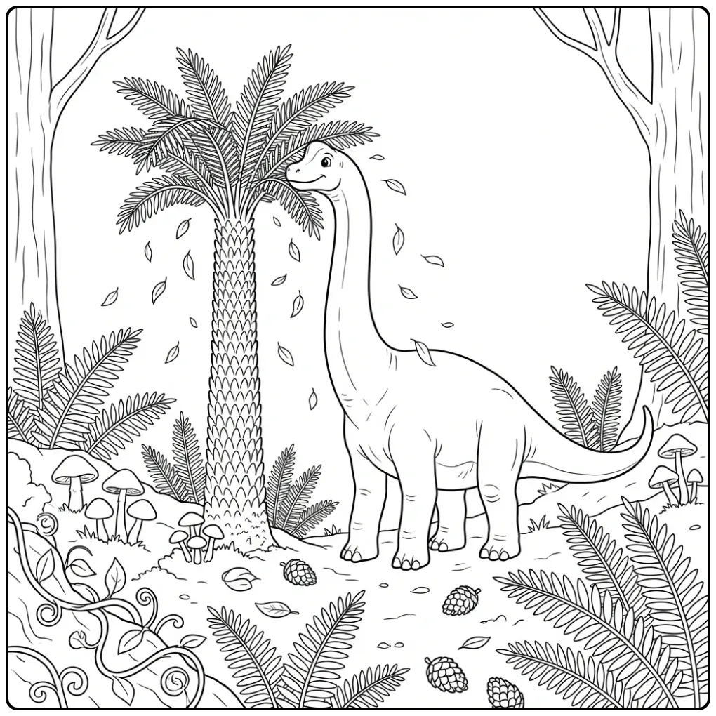 Leuke dino kleurplaat brachiosaurus tussen de varens.